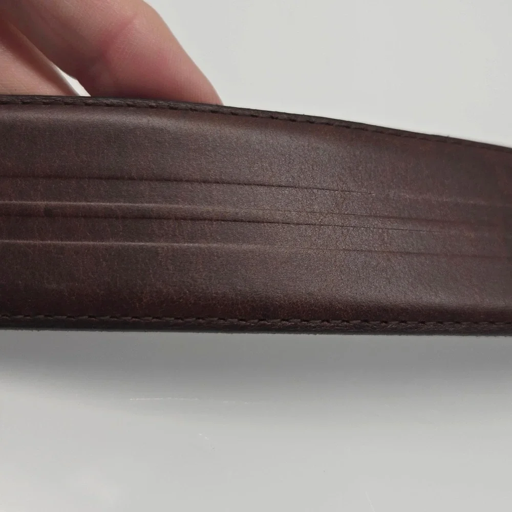 Fossil Leather Belt Men 36 Chocolate Brown Triple Groove Antiqued Brass Buckle